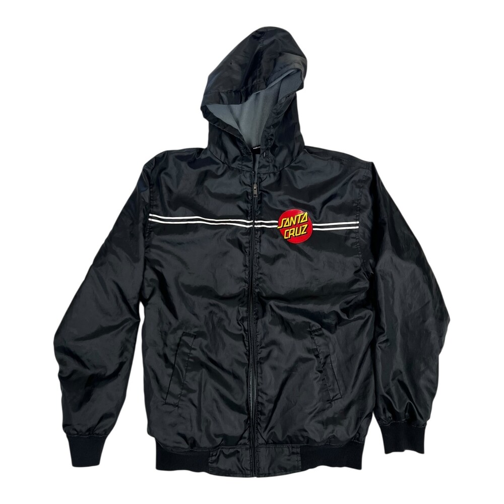 Santa Cruz Skateboards Windbreaker Jacket Mens Small Black Hooded Fleece Lined
